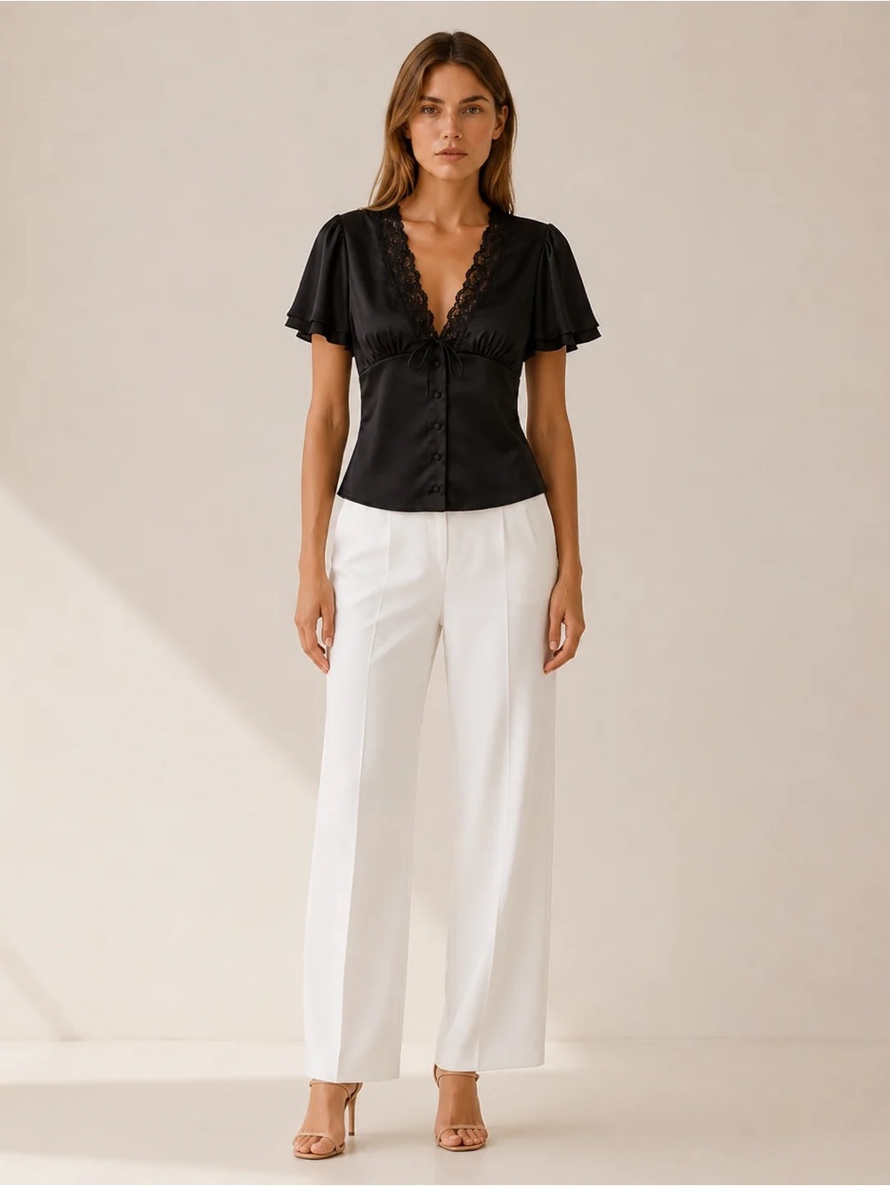 Black Lace-Trim Satin Blouse - Women